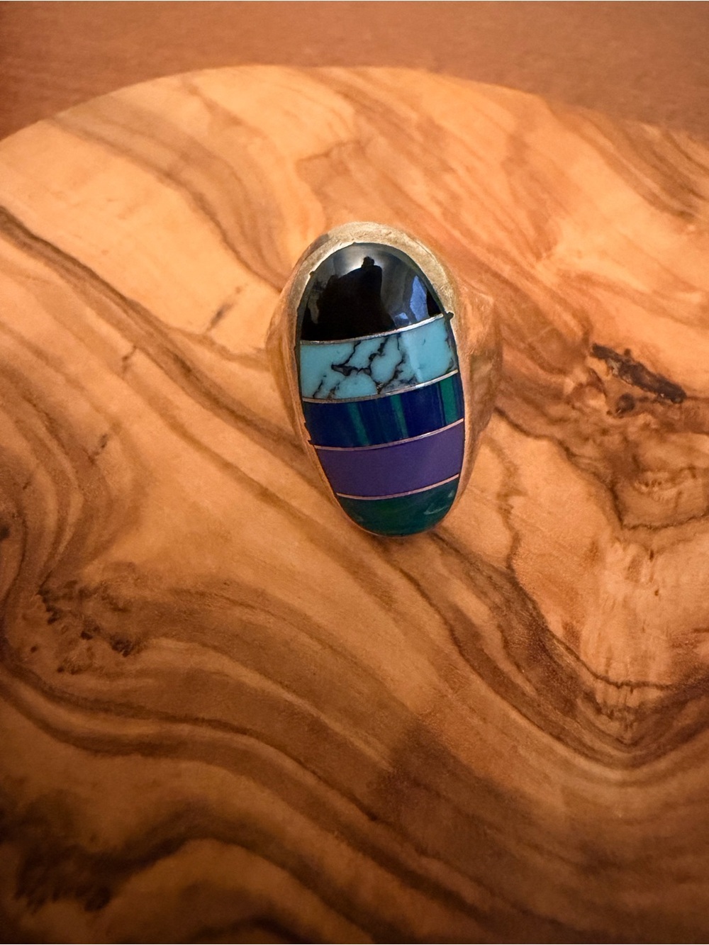Vintage Mexico 925 Sterling Silver Multi Stone Inlay Ring Turquoise Lapis Onyx